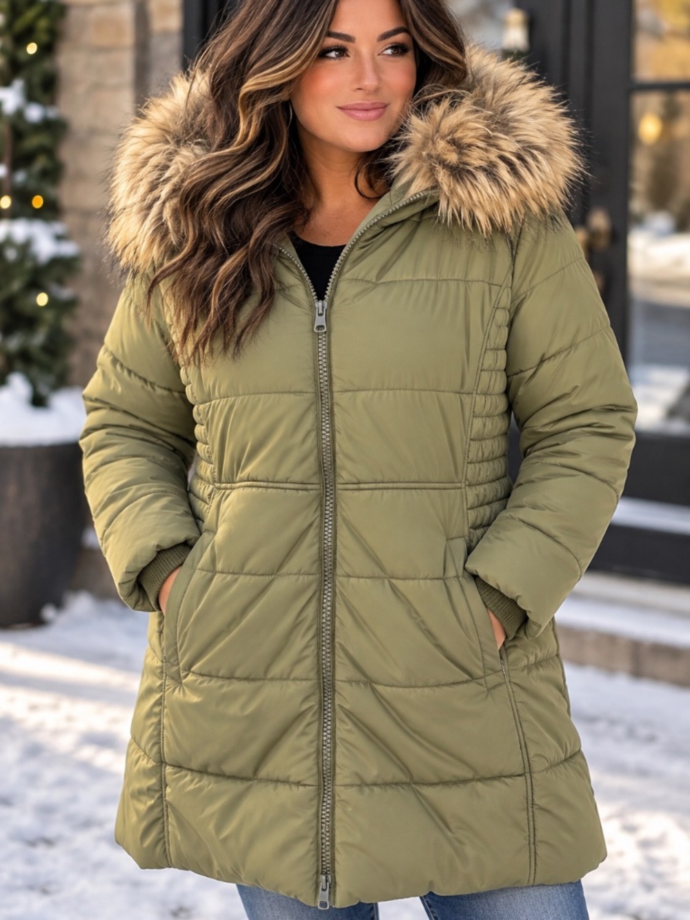 Torrid Light Olive Green Faux Fur Lined Hooded Puffer Winter Coat Size 1